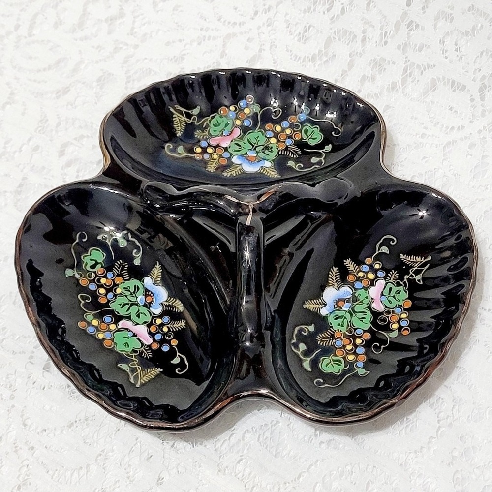 Vintage Black Divided‎ Dish Hand Painted Flowers with Handle Gold Trim Japan
